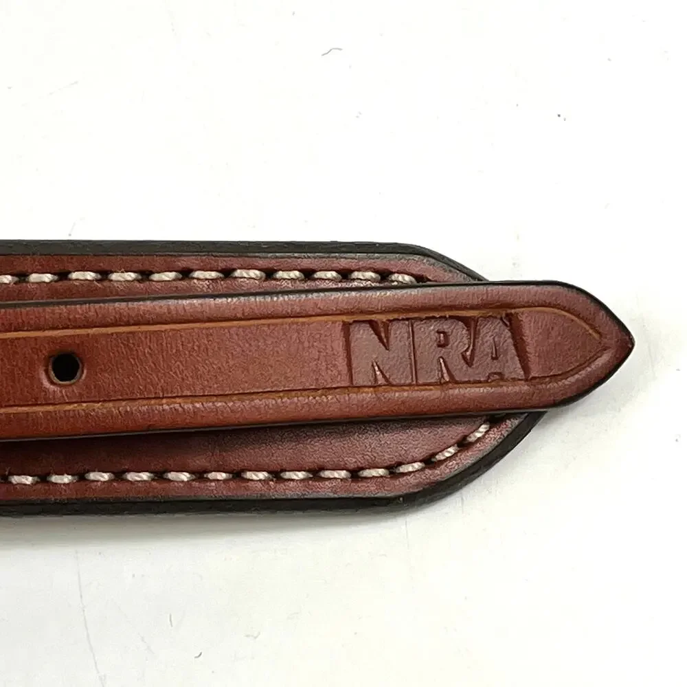 Aker NRA Walker Ranger Belt Sz46 Brown Leather Brass Buckle Made in USA B10-46